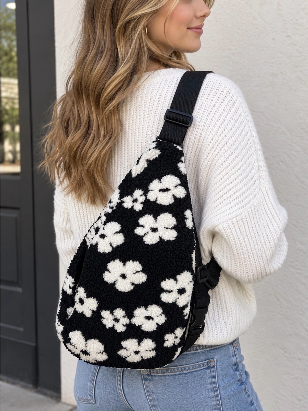Black & White Sherpa Floral Sling Bag - Women's Casual Crossbody